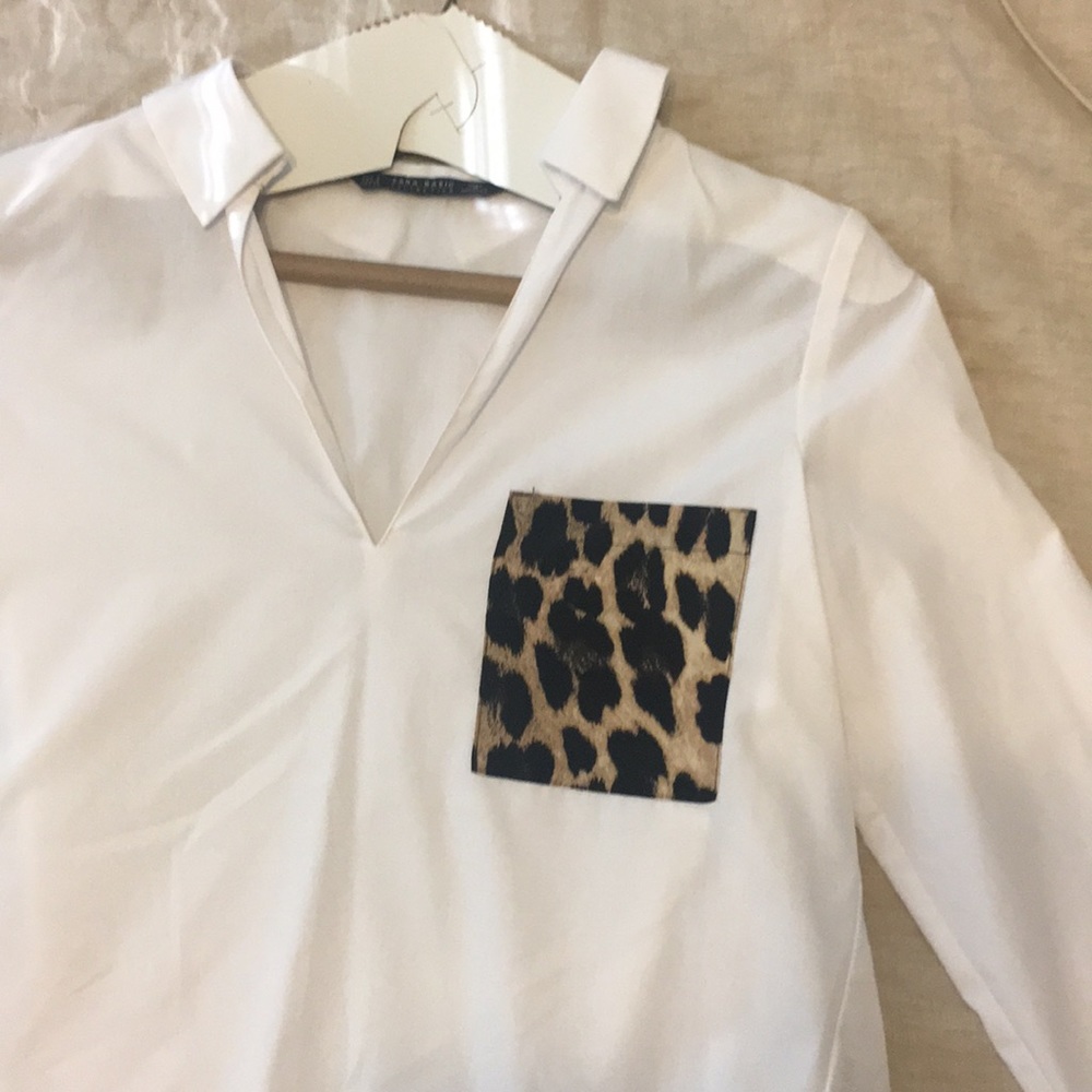 High-low H&M white blouse with leopard pocket